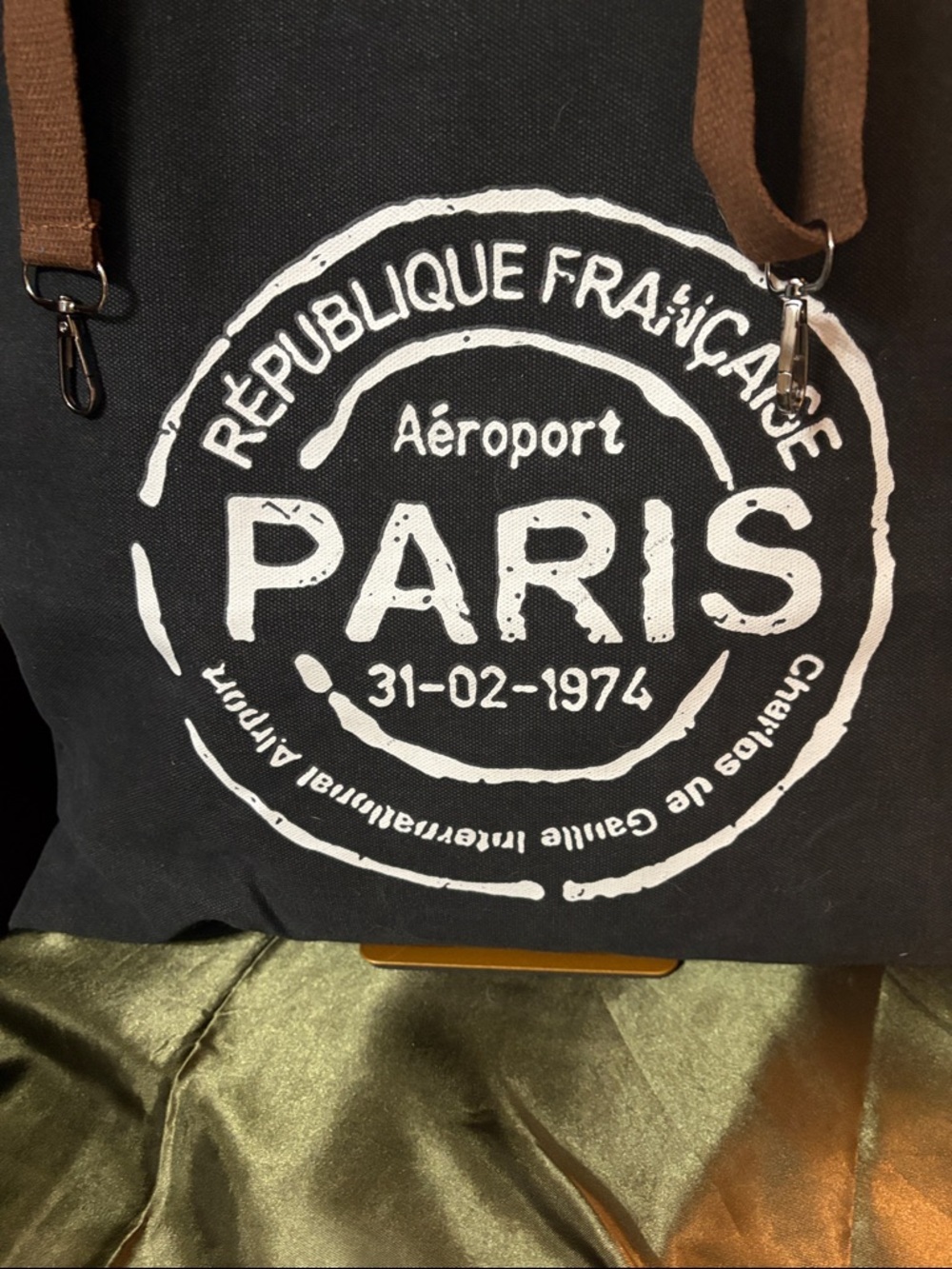 Paris Print Black Canvas Tote Bag with Brown Handles and cross body strap - Picture 2 of 9